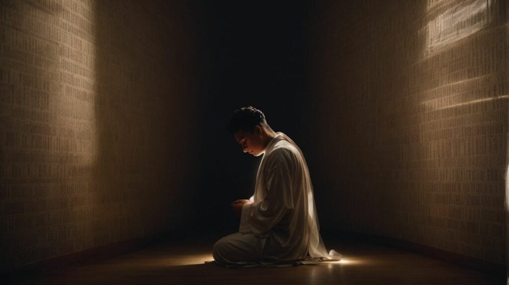 A man in a white robe kneeling in a dark room, engaged in prayer.