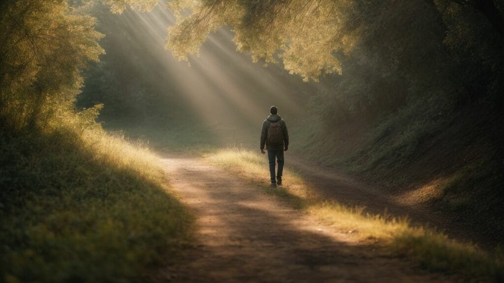 A man staying true to himself and walking down a dirt road while sunlight shines on him, drawing inspiration from Bible verses.