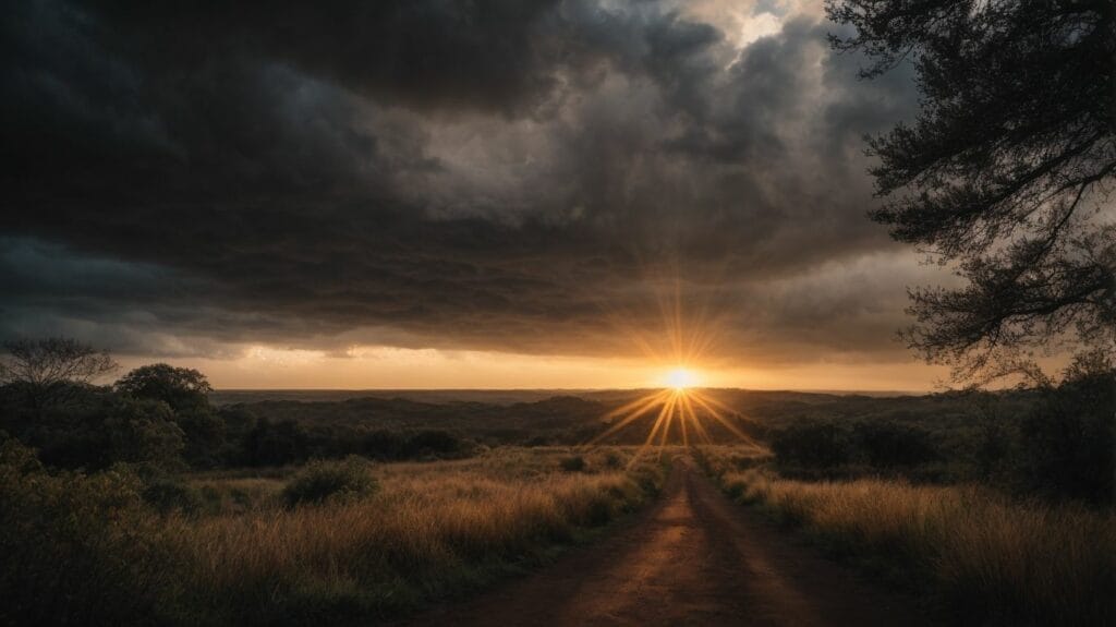 In the midst of a stormy sky, the sun rises over a dirt road, reminding us of the steadfast presence and trustworthiness of God.