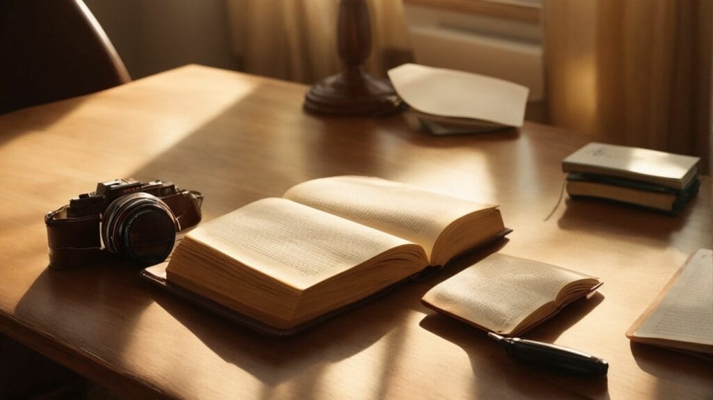 An open book on a desk next to a camera, capturing both biblical verses and work.
