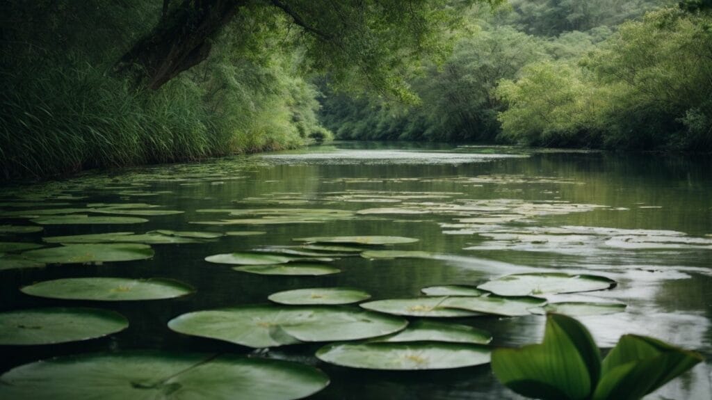 A river with lily pads and trees in the background, symbolizing purity and renewal represented by the Baptism ritual described in Bible Verses.