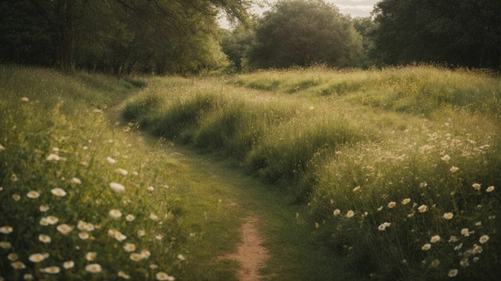 A path through a serene grassy field, adorned with delicate white daisies.