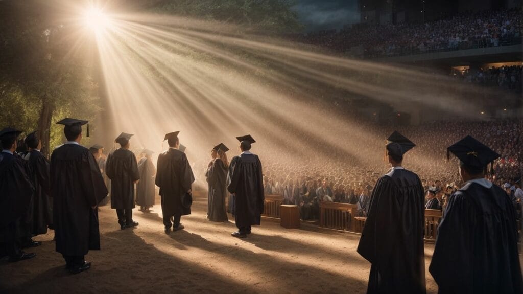 A group of people in graduation gowns standing in front of a light beam, holding Bibles with meaningful verses.