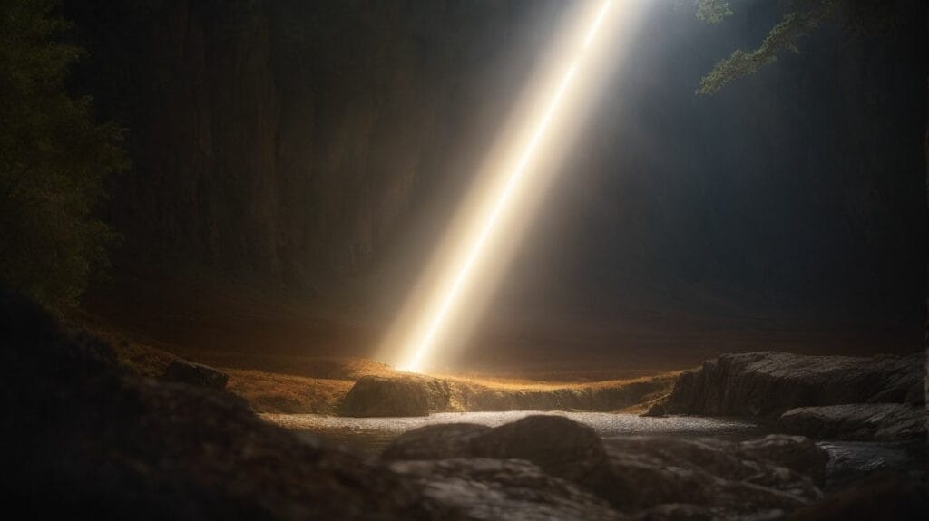 A beam of healing light emanating from a cave, symbolizing strength and inspired by Bible verses.