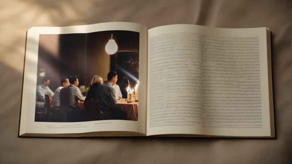 An open Bible with people sitting around a table.