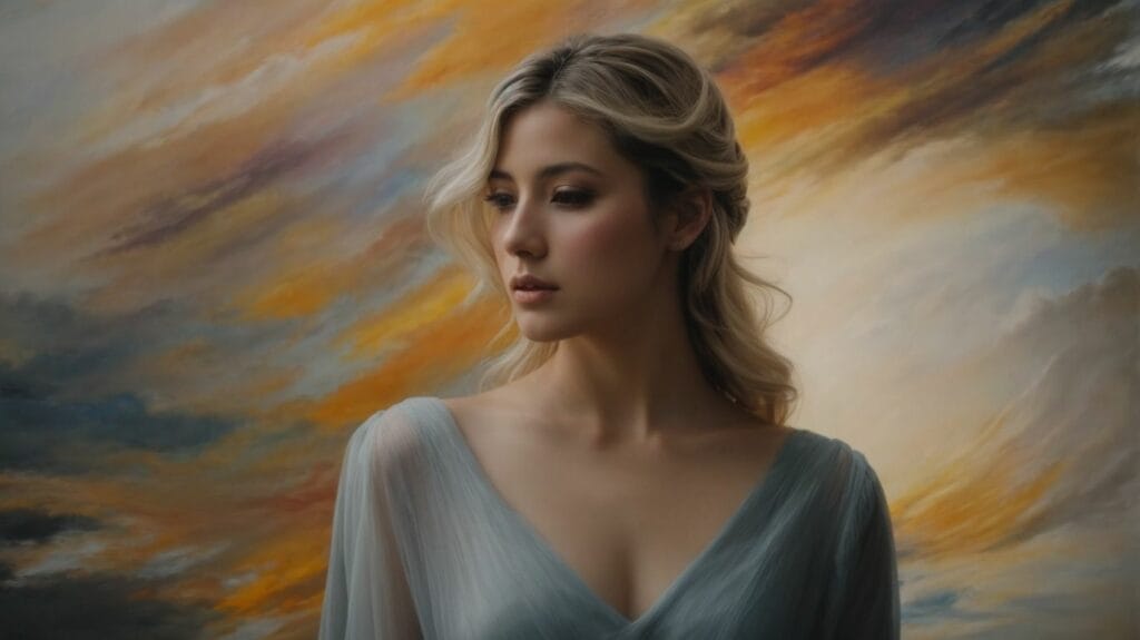 A Christian painting of a beautiful woman in a blue dress by a top artist.