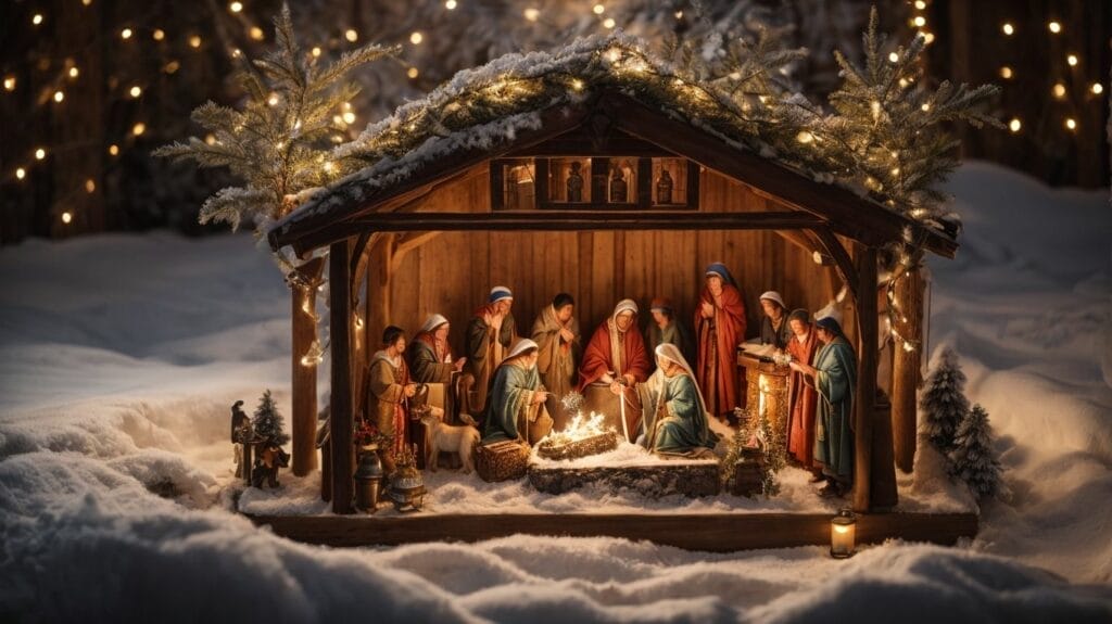 A magical nativity scene with twinkling lights amidst a blanket of pure white snow, evoking the true spirit of Christmas.