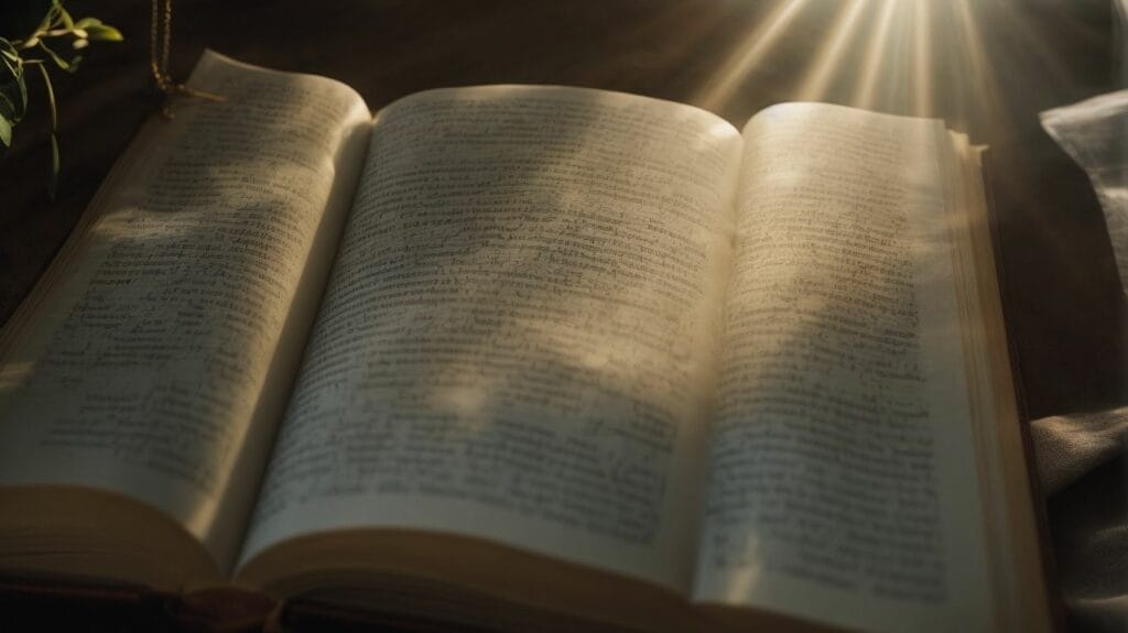 An open book with sunlight shining through it, revealing sacred scriptures.
