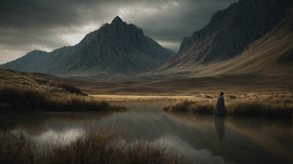 A man is standing in front of a lake with mountains in the background, contemplating the serene beauty of nature.