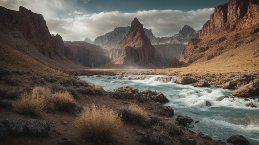 A river runs through a desert with mountains in the background, as described in Deuteronomy.