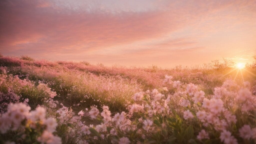 Easter sunset over a field of pink flowers.