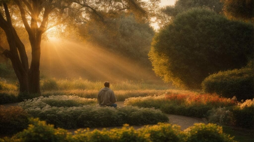 A man quietly praying in a park as morning sun rays beam through the trees on a peaceful Friday.