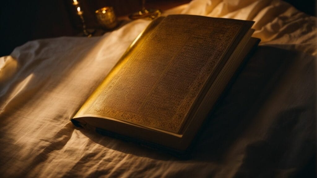 An open book on a bed surrounded by flickering candles, giving off a warm and inviting glow. The scriptures within the book offer solace and guidance.