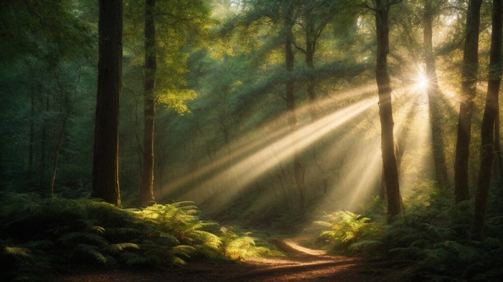 The sun makes a way through a forest with ferns and trees, illuminating the divine creation of God.