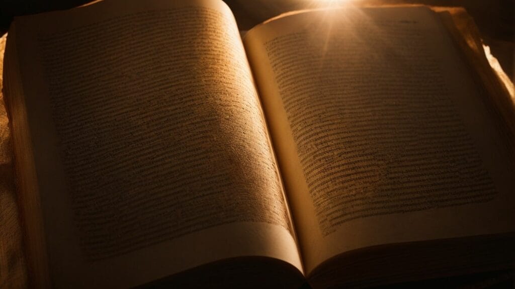 An open book showcasing God's promises with a divine light illuminating scripture.
