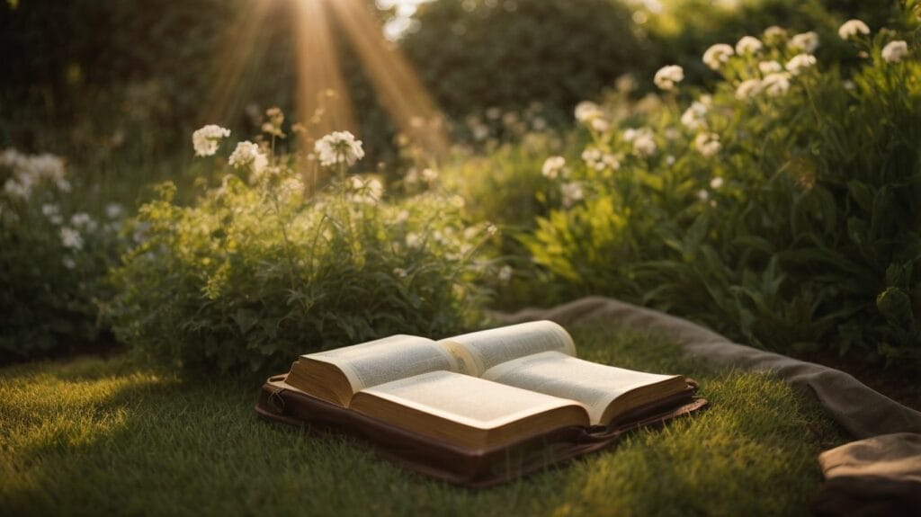 An open Bible sitting on the grass in a garden.