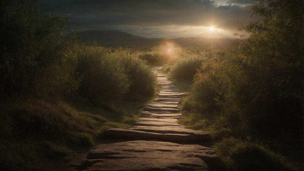 A stone path leading to a beautiful sunset, inviting you to read and reflect on inspiring Bible verses.