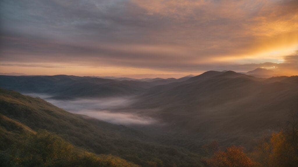 The sun rises over a valley with mist and fog, casting an inspirational glow in the serene landscape.