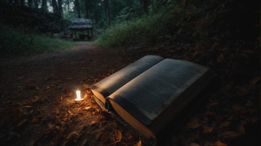 An inspirational open book with Bible verses, adorned by a candle, in the woods.