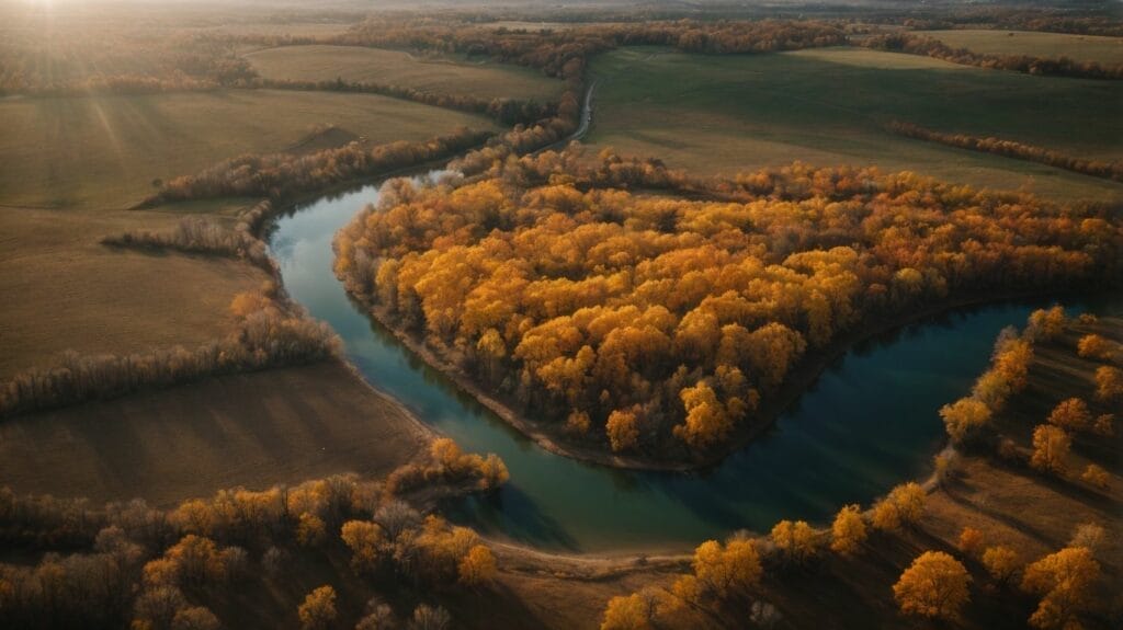 An aerial view of a heart shaped river in autumn, inspired by Isaiah 40.