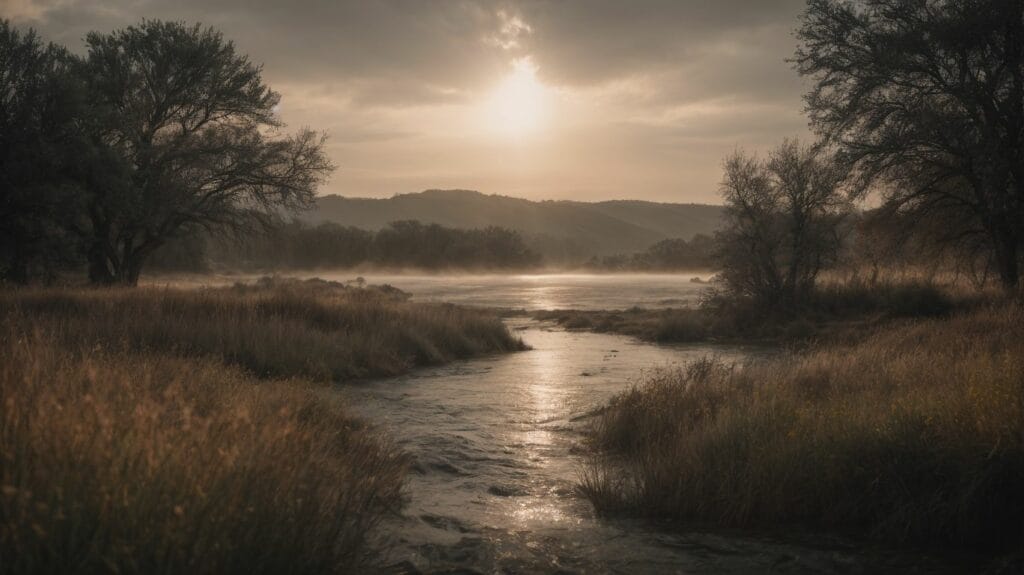 An important sunrise over a river in a foggy morning that symbolizes peace and hope, reminiscent of the biblical verse Isaiah 41:10. This breathtaking scene is not only visually pleasing but