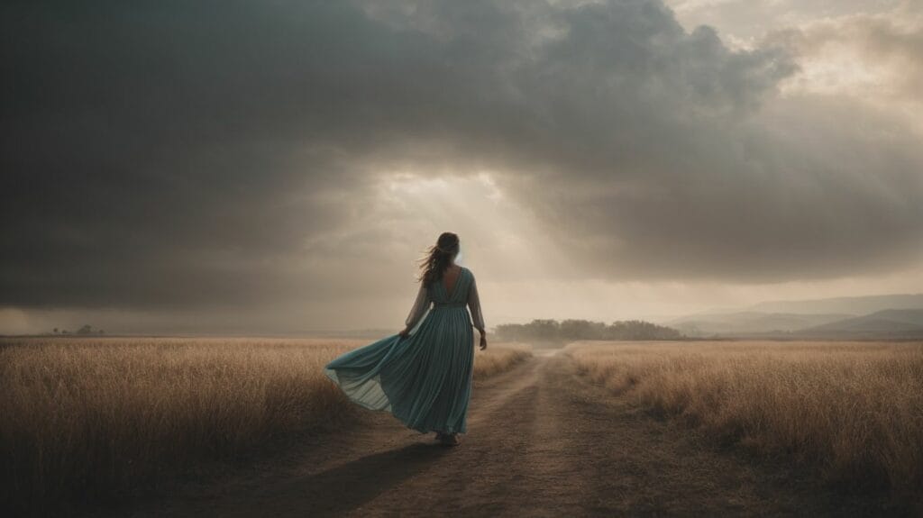 A woman in a blue dress walks through a field under a stormy sky, finding solace and strength in Isaiah 41:13.