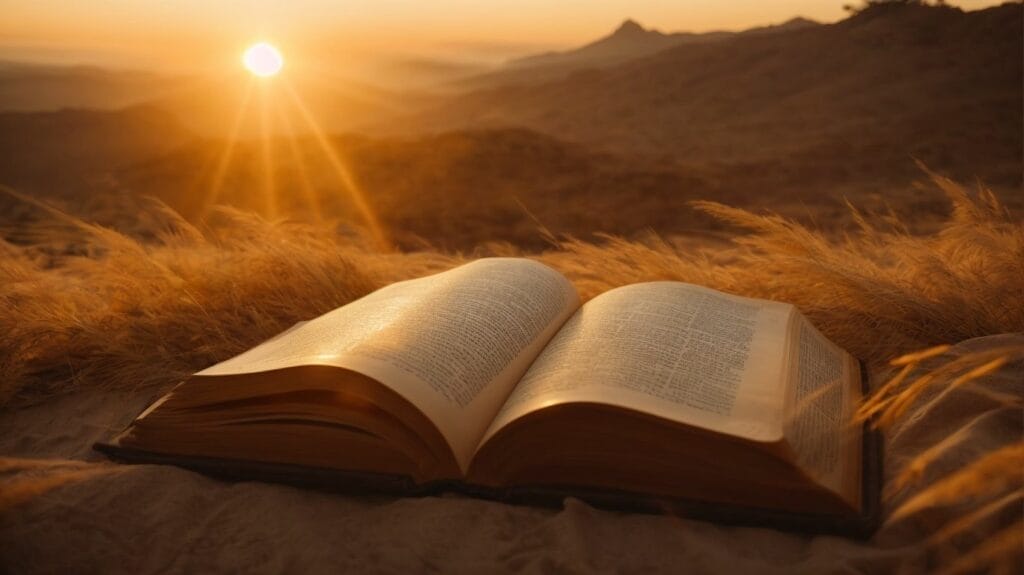 An open bible on a grassy field at sunset, with Isaiah 41 highlighted prominently.