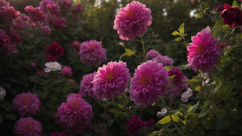 Pink dahlias in a field at sunset, inspired by Isaiah 58:11.