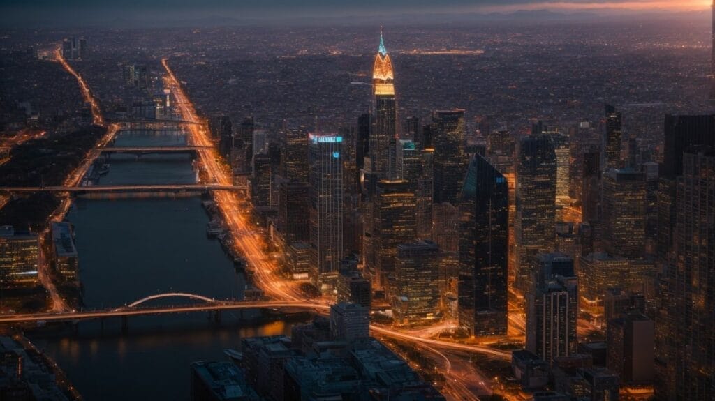 An Isaiah 60-inspired aerial view of a city at dusk.