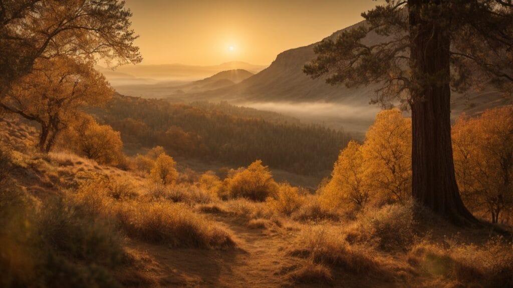 The sun rises over a valley with trees in the foreground, illuminating the majestic landscape described in Isaiah 9.