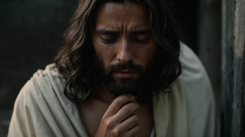 Jesus, with a pensive expression and his hand on his chin, reflects on the verse "Jesus Wept.