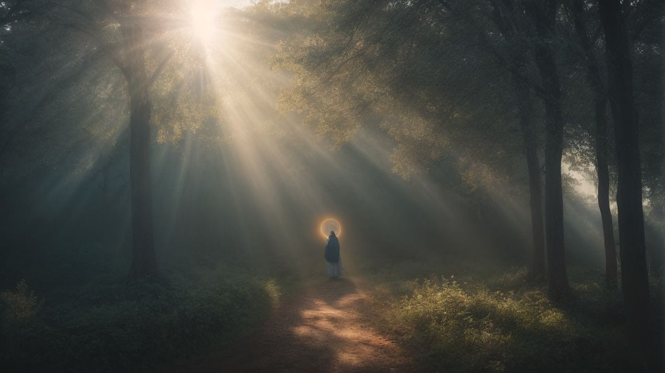 An image of a person walking through a forest with sunlight shining through the trees.