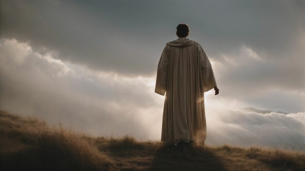A man in a robe standing on top of a hill, reflecting the message of hope and love encapsulated in John 3:16.