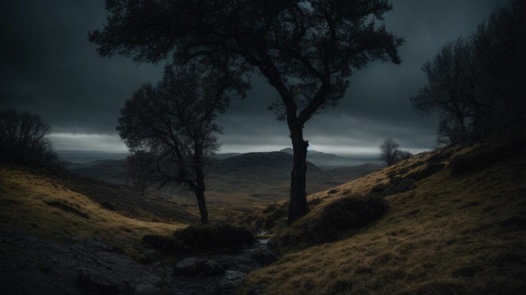 A dark and stormy sky looms over a hill, with trees in the foreground.