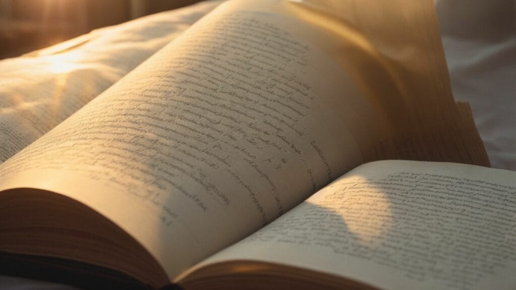 An open book with Bible verses on a bed, basking in the motivational sunlight.