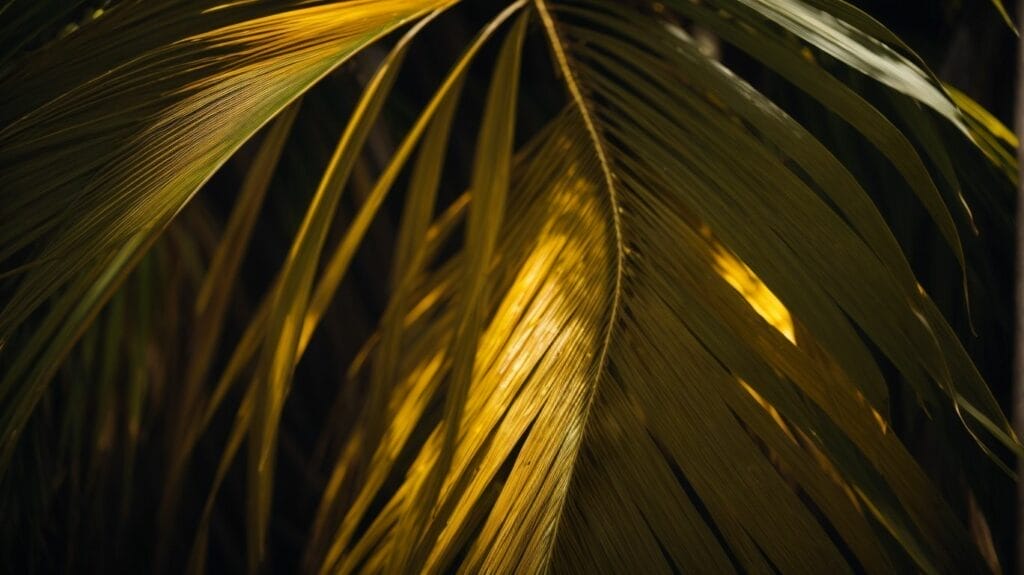 A close up of a palm leaf, a symbol often associated with Palm Sunday.