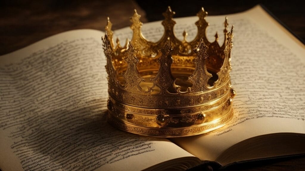 A golden crown sits on top of an open Bible.