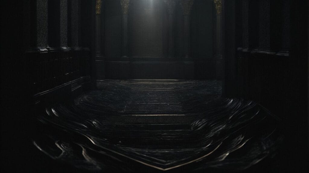 A dark hallway illuminated by a beam of light, providing protection.