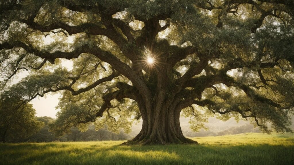 A large oak tree with the sun shining through it, portraying verses of repentance.