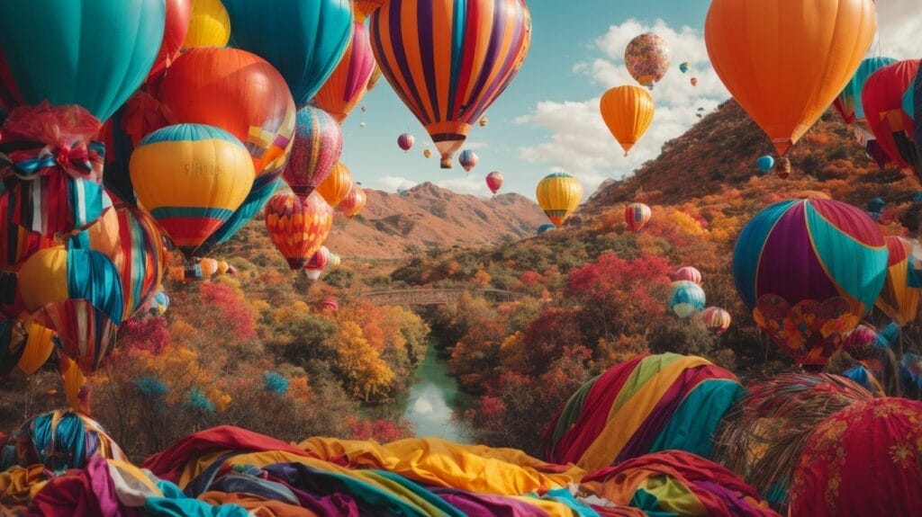Colorful hot air balloons floated gracefully over a serene river, creating a picturesque scene that seemed like it was straight out of a Revelation 3:9 passage.