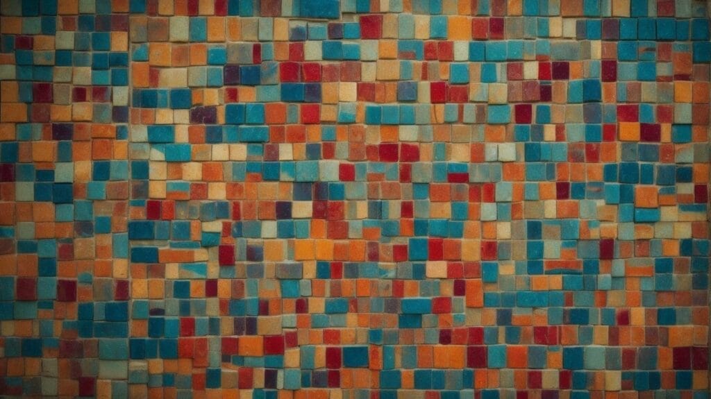 A colorful tiled wall with blue, orange, and brown squares inspired by Romans 12:10.