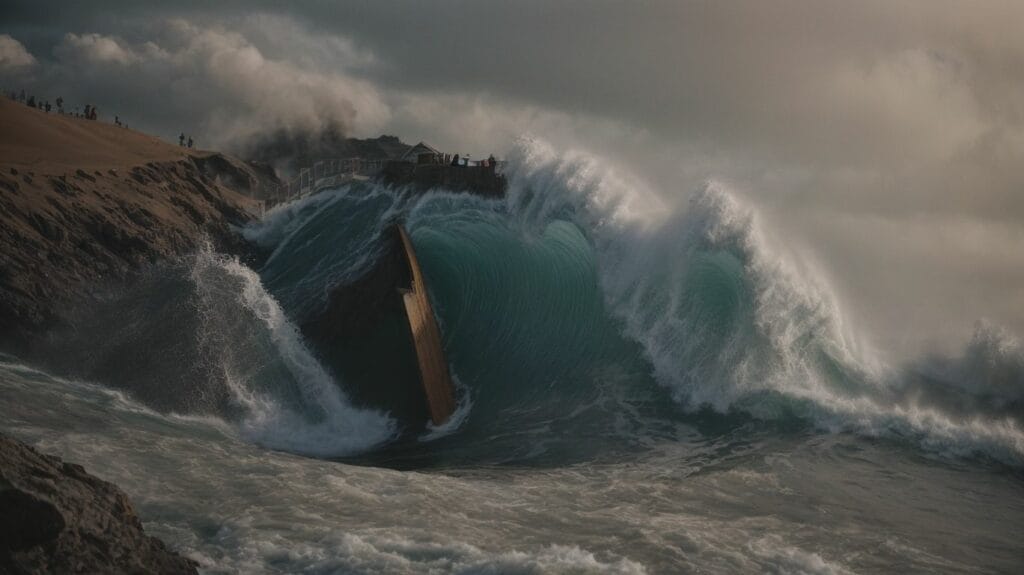 Finding hope in Romans 12:12, an unveiling of a large wave crashing into a rocky shore.