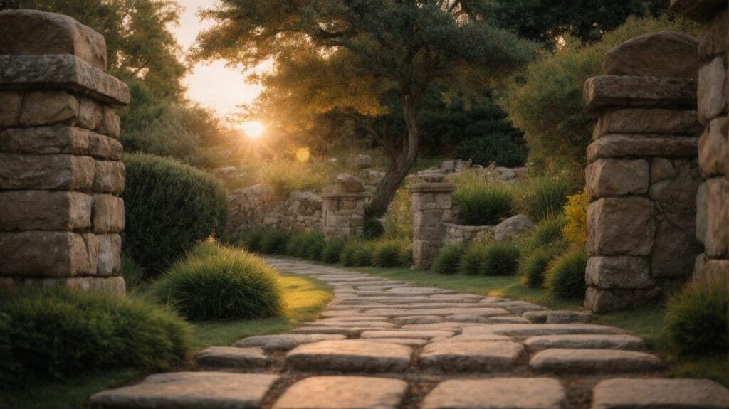 A stone path leading to a garden at sunset, inspired by the peacefulness found in Romans 8.