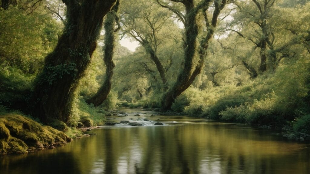 A peaceful river winding gracefully through a lush forest adorned with trees, moss, and an essence of tranquility.