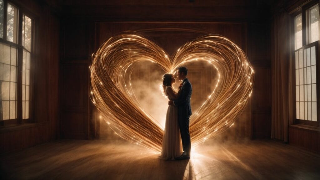A bride and groom standing in front of a heart shaped light, symbolizing their love.