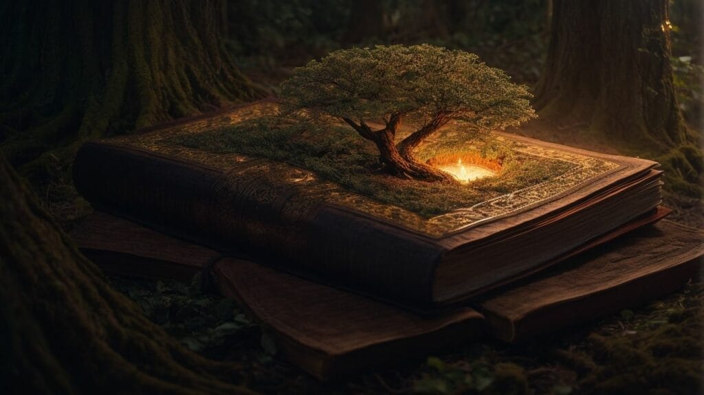 A book with a tree on top of it in the forest, symbolizing wisdom.