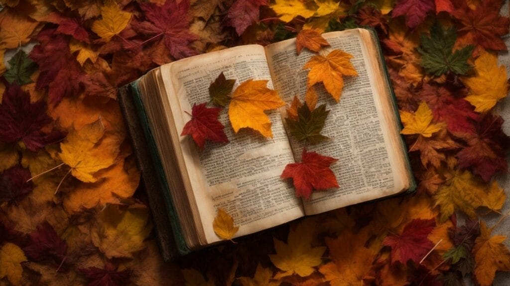 An open book filled with scriptures, adorned with autumn leaves, reminding us to be thankful.