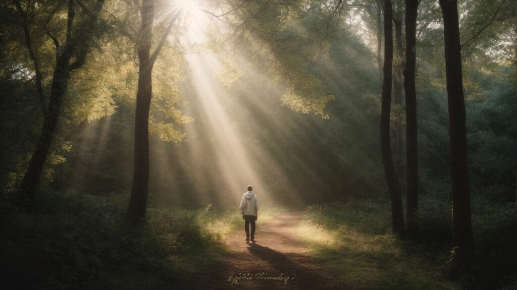 A man walking through a forest, bathed in the sun rays, trusting in the guidance of the Lord.