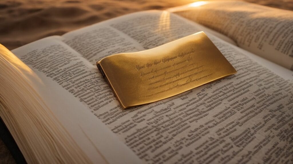 An uplifting open book with a gold bookmark on it in the sand, featuring Bible verses.