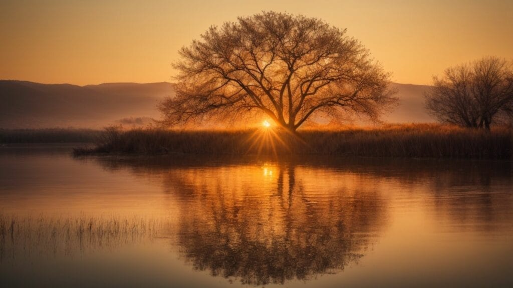 A lone tree is reflected in a lake at sunset, creating a serene and picturesque scenery.